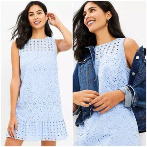 NWT LOFT Eyelet Flounce Shift Dress Blue Cotton Lace size 14 Bohemian Resortwear